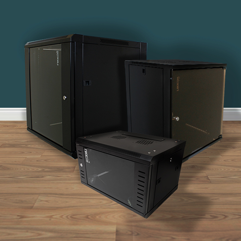 collection of model a model e and model q linxcom data comms cabinets in black with brown laminate flooring and a blue wall