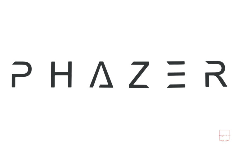 phazer logo black and white- futuristic font, for a game design brand