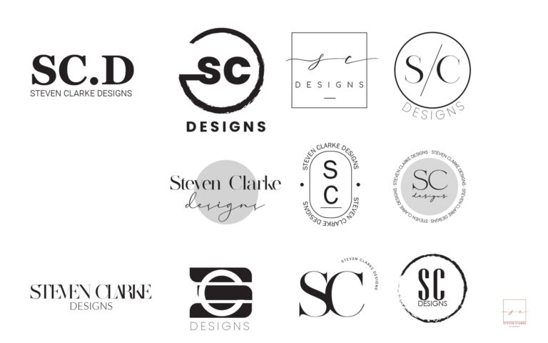 steven clarke designs logo concept page with an array of designs