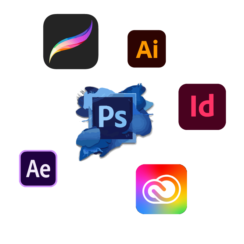 group of software- photoshop, procreate, illustrator, in design, after effects and adobe creative croud